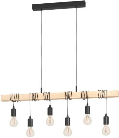 Eglo Lampada a sospensione Townshend, plafoniera dal design vintage, retrò e industrial a 6 punti luce, acciaio e legno, E27, certificazione FSC