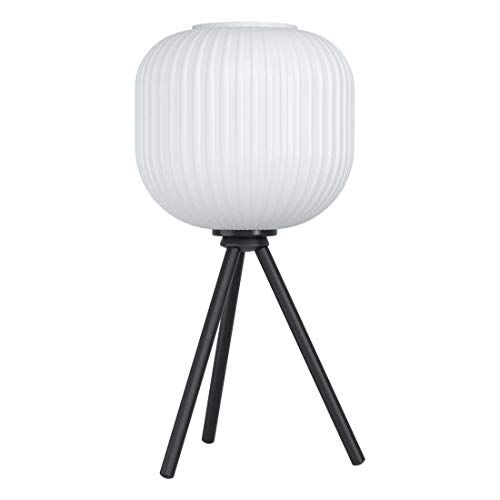 Eglo lampada da tavolo Mantunalle, lampada da comodino treppiede scandinavo, vetro in bianco e metallo in nero, lampada soggiorno e camera da letto con interruttore, attacco E27