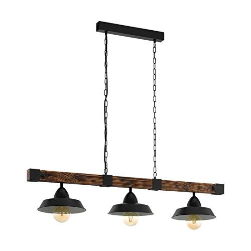 Eglo Lampada a sospensione Oldbury, lampada a sospensione vintage a tre punti luce nel design industrial, lampada a sospensione in acciaio, nero, marrone rustico, E27, 118 cm