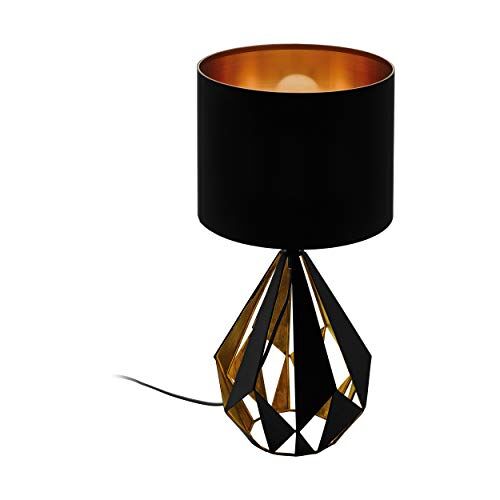 Eglo Carlton 5, Lampada da tavolo vintage a 1 luce, lampada da comodino in metallo e tessuto color nero e rame, attacco E27, interruttore incluso
