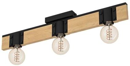 Eglo Bailrigg FSC100HB Lampada da soffitto a 3 luci, plafoniera rettangolare, faretto spot da soffitto con attacco E27, in legno naturale e metallo nero