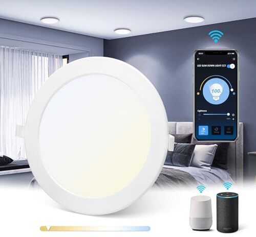 Aigostar Faretti LED da Incasso Intelligenti ultrasottili, 18W. Compatibile con Alexa e Google. Luce dimmerabile da 3000-6500K. Controllo Vocale, Controllo Wi-Fi Wireless.