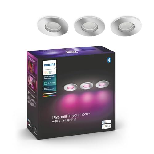 Philips White and Color Ambiance Faretti LED da Incasso Smart Xamento, per Bagno (IP44), Luce Bianca o Colorata, Attacco GU10, 5.7W, Bluetooth, Dimmerabile, 3 Pezzi, Cromato