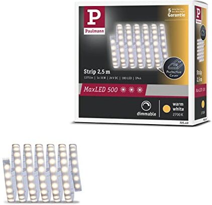 Paulmann Striscia LED MaxLED 500, luce bianca calda, 2,5 m, 15 W, 1375 lm, 2700 K, IP44, dimmerabile, colore argento e plastica