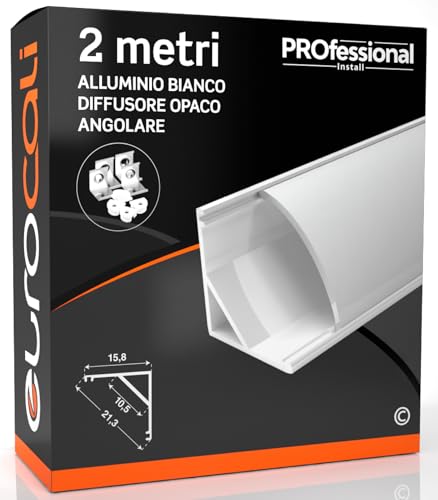 Eurocali Profilo Angolare da 2 metri (2mt) in Alluminio Bianco per Strisce LED Schermatura Opaca ingombro max striscia led 10.5mm 15.8 x 15.8