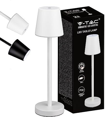 V-TAC Lampada da Tavolo senza Fili LED Dimmerabile con Comandi Touch – Lampada Bianca Wireless Uso Interno IP20 da Casa o Ristorante – Batteria 4000 mAh – Luce Bianca Calda