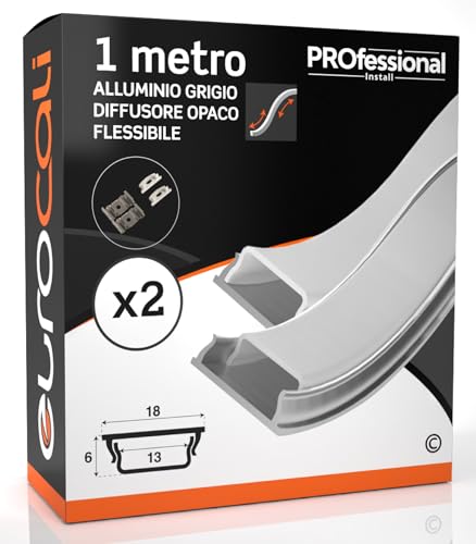 Eurocali 2 Profili Flessibili da 1 metro (2m) in Alluminio per Strisce LED Cover Opaca 18 x 6 mm Barra per Strip LED, Dissipatore