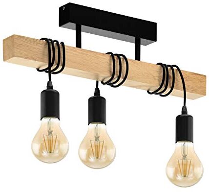 Eglo Plafoniera  Townshend, plafoniera vintage a tre punti luce, plafoniera dal design industriale, lampada a sospensione retrò in acciaio e legno, nero, marrone, E27