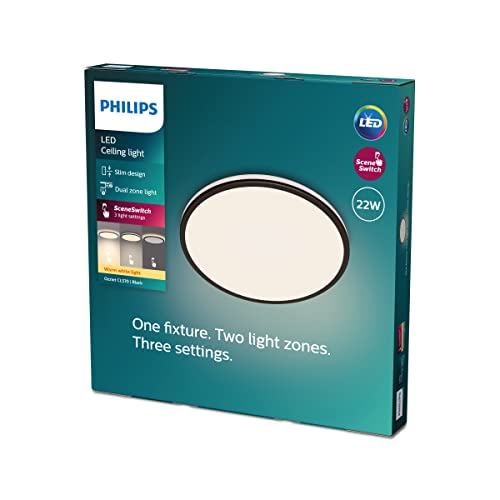 Philips LED Plafoniera Ozziet, Media, Due Zone Luminose, Tre Impostrazioni, 2700K, 22W, Nero