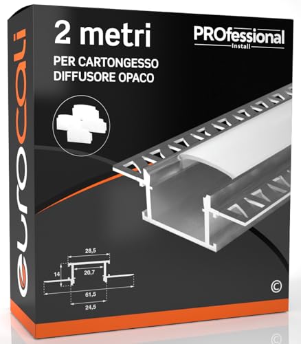 Eurocali 1x Profilo da 2 metri (2mt) a Scomparsa in Alluminio per Strisce LED Schermatura Opaca ingombro max striscia led 20.7mm 28.5 x 14 (alette 61.5)