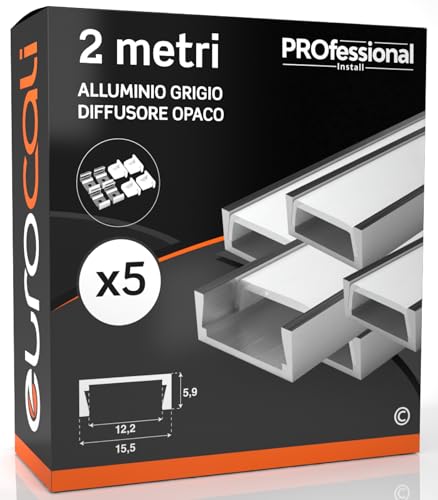 Eurocali 5x Profili da 2 metri (10mt) in Alluminio grigio per Strisce LED Schermatura Opaca ingombro max striscia led 12.2mm 15.5 x 5.9