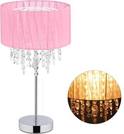 Relaxdays Lampada in Cristallo, Paralume in Organza, Base Rotonda, Luce da Comodino, HxD 43 x 24 cm, Rosa Argento