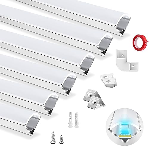 HOMMAND Profilo Alluminio per Strisce LED, 6 x 1m Profili LED Forma a V, Canalina LED e Diffusore Striscia LED, con Connettore Angolare, Nastro Adesivo, Tappi di Chiusura e Clip di Montaggio