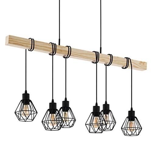 Eglo Lampada a sospensione Townshend 5, plafoniera vintage a 6 punti luce, lampada a sospensione dal design industriale, lampada appesa retrò in acciaio e legno, nero, marrone, E27