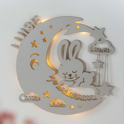 LAUBLUST Luce notturna per neonati Regalo personalizzato per nascita e battesimo per bambine e bambini Motivo Coniglio di Luna   Grigio Illuminazione a LED per la cameretta del bambino