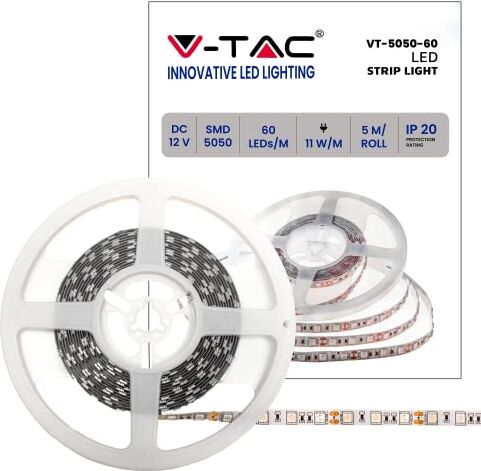 V-TAC Striscia Led da Interno 11W 5 Metri di Lunghezza SMD 5050 Alta Luminosità Colore della Luce Giallo Strisce Led Striscia LED Adesiva per Casa, Cucina, Camera, Ambienti Interni 12 Volt