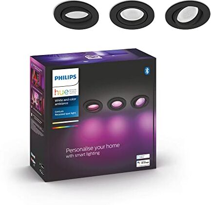 Philips White and Color Ambiance Centura, 3 Faretti ad Incasso Smart, Base Rotonda, Bluetooh, 3x6 W, Nero