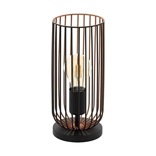 Eglo Roccamena, Lampada da tavolo vintage a 1 luce, lampada da comodino industriale in metallo nero e rame, attacco E27