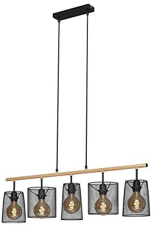 Briloner Leuchten Lampada a sospensione con 5 luci, retrò, vintage, paralumi in rete metallica, 5x E27, max. 60 Watt, metallo-legno, nero, 960x1.200mm (LxH)