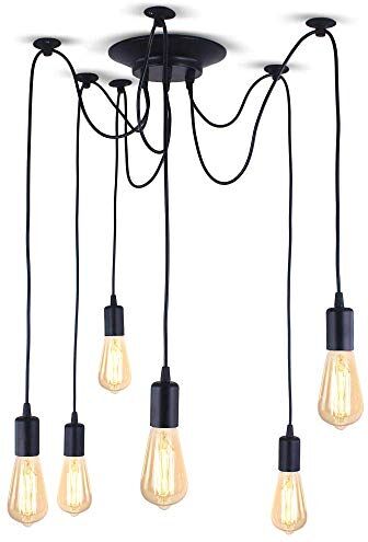 iDEGU Lampadario a Sospensione, Retrò Industriale Lampada da Soffitto con 6 Bracci a Stile Ragno Creativo DIY Lampada a Sospensione Vintage con Attacco E27 per Soggiorno Camera da Letto, 150CM, Nero