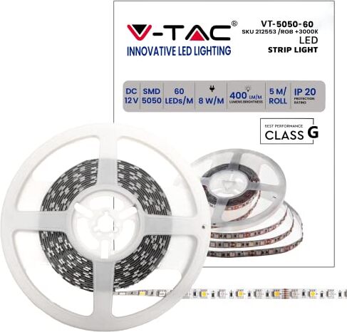 V-TAC Striscia Led da Interno SMD 5050 8W 5 Metri Striscia LED Adesiva per Casa, Cucina, Camera, Ambienti Interni Luce Bianca Calda 3000K Strisce LED Alta Luminosità 12 Volt