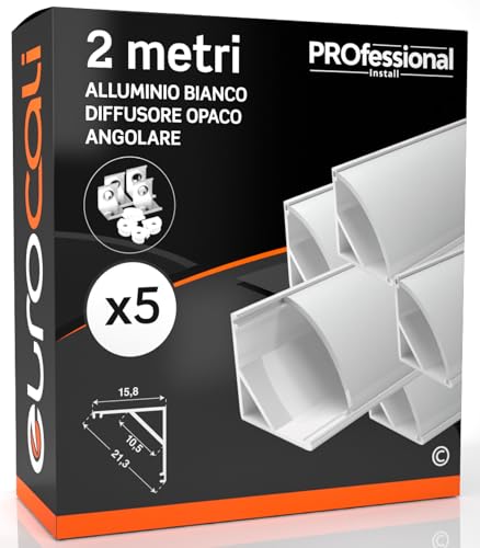 Eurocali 5x Profili Angolari da 2 metri (10mt) in Alluminio Bianco per Strisce LED Copertura Opaca ingombro max striscia led 10.5mm 15.8 x 15.8