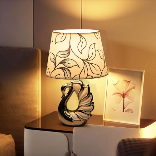 Aigostar Lampada da Tavolo in Ceramica, Moderna Lampada da Comodino con Paralume in Tessuto, Attacco E14, max.40W, Abat Jour da Comodino per Camera da Letto, Soggiorno (senza Lampadina) -H310mm