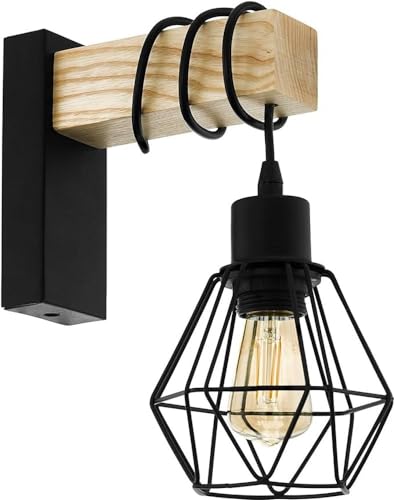 Eglo Lampada da parete Townshend 5, plafoniera vintage a uno punto luce, lampada da parete dal design industriale, lampada retrò in acciaio e legno, nero, marrone, E27