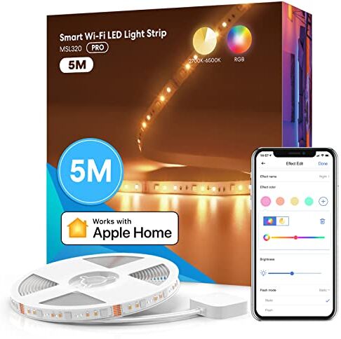 meross Striscia LED Smart RGB 5M, Compatibile con Apple HomeKit, Alexa e Google Assistant, Luci LED e Bianco Caldo/Freddo, Multicolori per Casa, Festa, Bar, Controllo dall'APP e Vocale