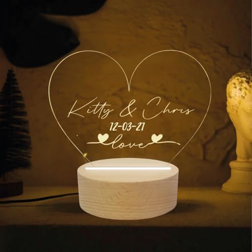 Generic Lampada led notturna a forma di cuore personalizzata con nomi, Idea Regalo anniversario per lei e lui San Valentino Coppia di Fidanzati Amore Love, Targa in plexiglass con base legno per arredo casa