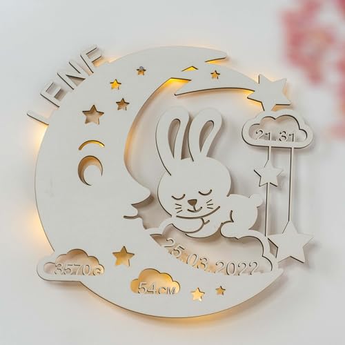 LAUBLUST Luce notturna per neonati Regalo personalizzato per nascita e battesimo per bambine e bambini Motivo Coniglio di Luna   Bianco Illuminazione a LED per la cameretta del bambino