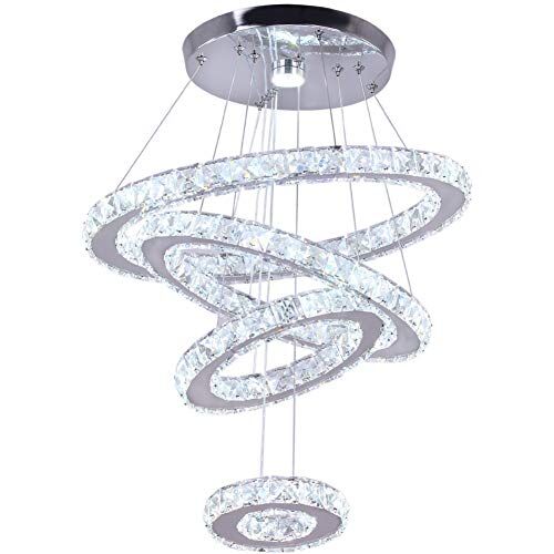 Dixun Moderno lampadario a sospensione a LED in cristallo, con quattro anelli, luce bianca fredda (60 W, bianco freddo)