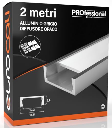 Eurocali Profilo da 2 metri (2mt) in Alluminio grigio per Strisce LED Schermatura Opaca Larghezza Massima Striscia LED 12.2mm 15.5 x 5.9