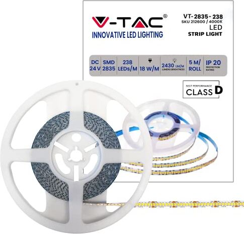 V-TAC Striscia Led da Interno SMD 2835 18W 5 Metri Striscia LED Adesiva per Casa, Cucina, Camera, Ambienti Interni Luce Bianca Naturale 4000K Strisce LED Alta Luminosità 24 Volt