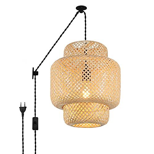 B·LED BARCELONA LED BarcelonaLED Lampada a sospensione in vimini con cavo, stile pulegga, vintage, con paralume in rattan, in bambù, in legno, attacco E27, per soffitto/sala da pranzo