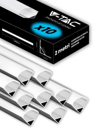 V-TAC 10x Profili Angolari da 2 METRI per Strisce Led (20 Metri Totali) Profili per Strisce LED in Alluminio con Copertura Satinata Colore Argento Angoli 21,3 x 15,8mm