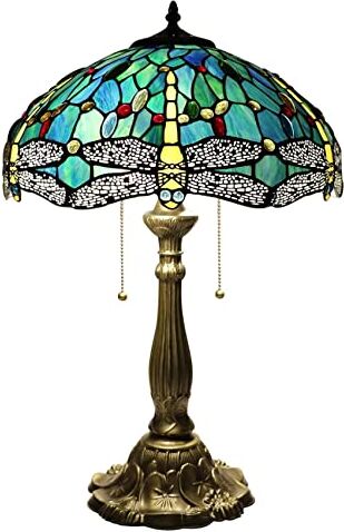 Gweat Tiffany 16" blu libellula lampada da tavolo in vetro colorato perline di cristallo paralume illuminazione antica soggiorno camera da letto lampade da tavolo regalo- 2 portalampada con cerniera