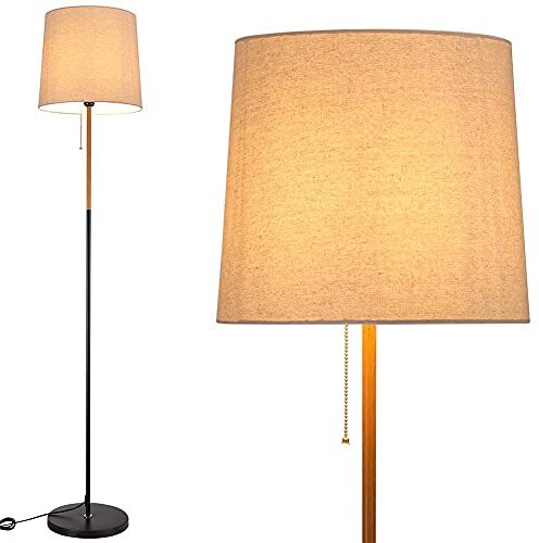 BAKAJI Lampada Piantana da Terra Luce Lampadina E27 Max 60W Base Rotonda Struttura in Metallo e Legno Paralume in Tessuto Design Moderno Accensione a Catena Altezza 170 cm (Nero)