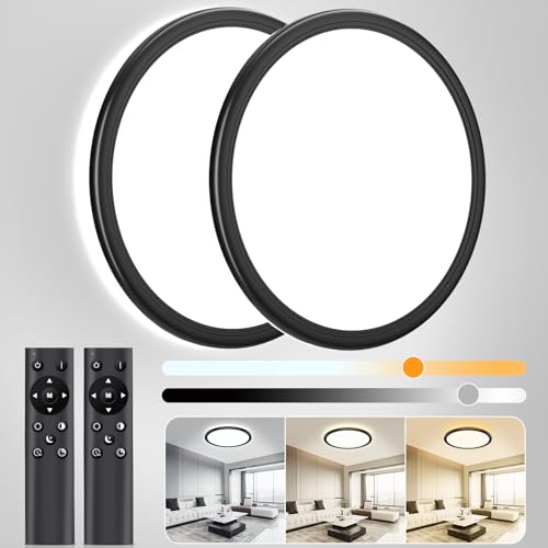 OUILA Ø30cm Dimmerabile Lampadario con Telecomando, 24W Plafoniera Dimmerabile 3000K-6500K Plafoniera LED Soffitto 2400LM Plafoniere per Soggiorno Camera da Letto Cucina Bagno (Nera, 2 Pezzi)