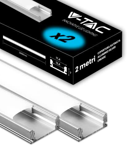 V-TAC 2x Profili per Strisce Led da 2 METRI in Alluminio (4 Metri Totali) Profili per Strisce LED con Copertura Opaca Ingombro massimo Striscia Led 12,4 mm Dimensioni 17,4 x 7 mm