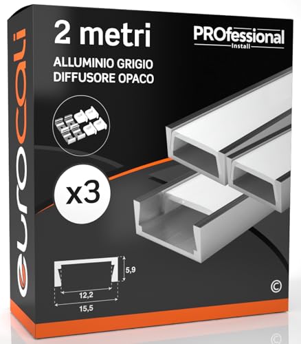 Eurocali 3 Profili da 2 metri (6mt) in Alluminio grigio per Strisce LED Schermatura Opaca Larghezza Massima Striscia LED 12.2mm 15.5 x 5.9