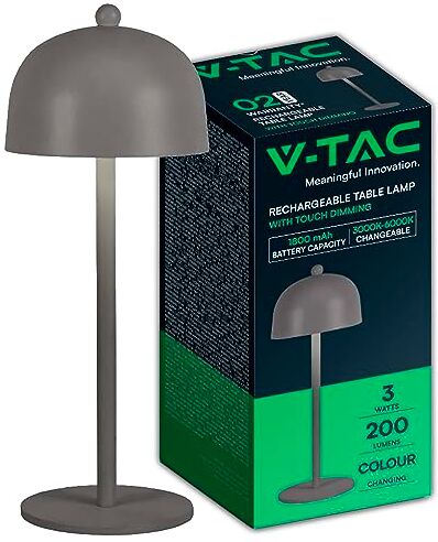 V-TAC Lampada da Tavolo senza Fili LED Dimmerabile in Metallo – Lampada Grigia Wireless per Uso Interno da Casa o Ristorante – Design Elegante – Luce Calda, Fredda, Naturale 3 in 1