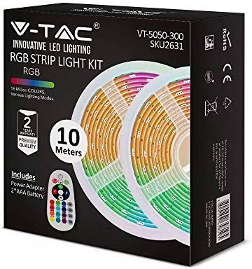 V-TAC Kit 2 striscie led RGB SMD5050 4,8W/M 12V IP20 + controller + alimentatore + telecomando