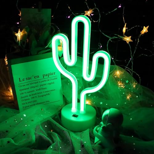 Generies Cactus Verde Insegne luminose al Neon a LED Luce Notturna Art Base Decorativa per Supporto Lampada da Tavolo per Casa Bambini Matrimonio Festa di Compleanno di Natale, USB o Batteria