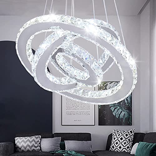 Dixun Lampadario a LED moderno a 3 anelli regolabile in acciaio inox, per camera da letto, soggiorno (bianco freddo)