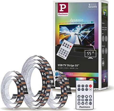 Paulmann Illuminazione TV USB a strisce LED 55 pollici 2m 60LEDs/m Dynamic Rainbow RGB incl. 1x3,5 watt striscia luminosa dimmerabile in plastica nera