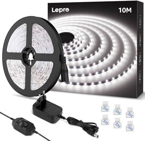 Lepro Striscia LED 10M Bianco Freddo 6000K Dimmerabile, 24V 1800 Lumen 420 LED SMD2835 Nastri LED per Decorazioni Interne/Feste/Natale, Strisce LED Kit Completo con Alimentatore e Interruttore Dimmer