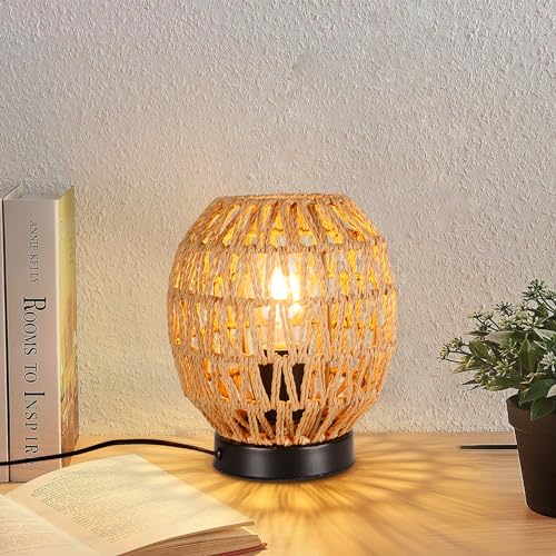 Schindora Lampada Da Scrivania Vintage, Rattan Lampada Da Comodino Con Base In Ferro Paralume Intrecciato Fatto A Mano Boho E27 Lampada Da Tavolo Lampade Rustiche Per Soggiorno Sala Da