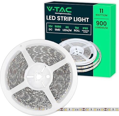 V-TAC Striscia Led da Esterno IP65 Impermeabile 11W 5 Metri di Lunghezza SMD 5050 Alta Luminosità Strisce Led Strip Adesiva e Copertura in Silicone 12 Volt Luce 6500K Bianco Freddo