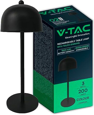 V-TAC Lampada da Tavolo senza Fili LED Dimmerabile in Metallo – Lampada Nera Wireless per Uso Interno da Casa o Ristorante – Design Elegante – Luce Calda, Fredda, Naturale 3 in 1